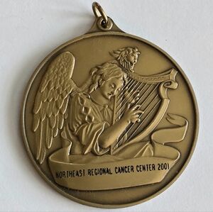 Vintage medal pendant Angel Harp NE Regional Cancer Center 2001 gold tone
